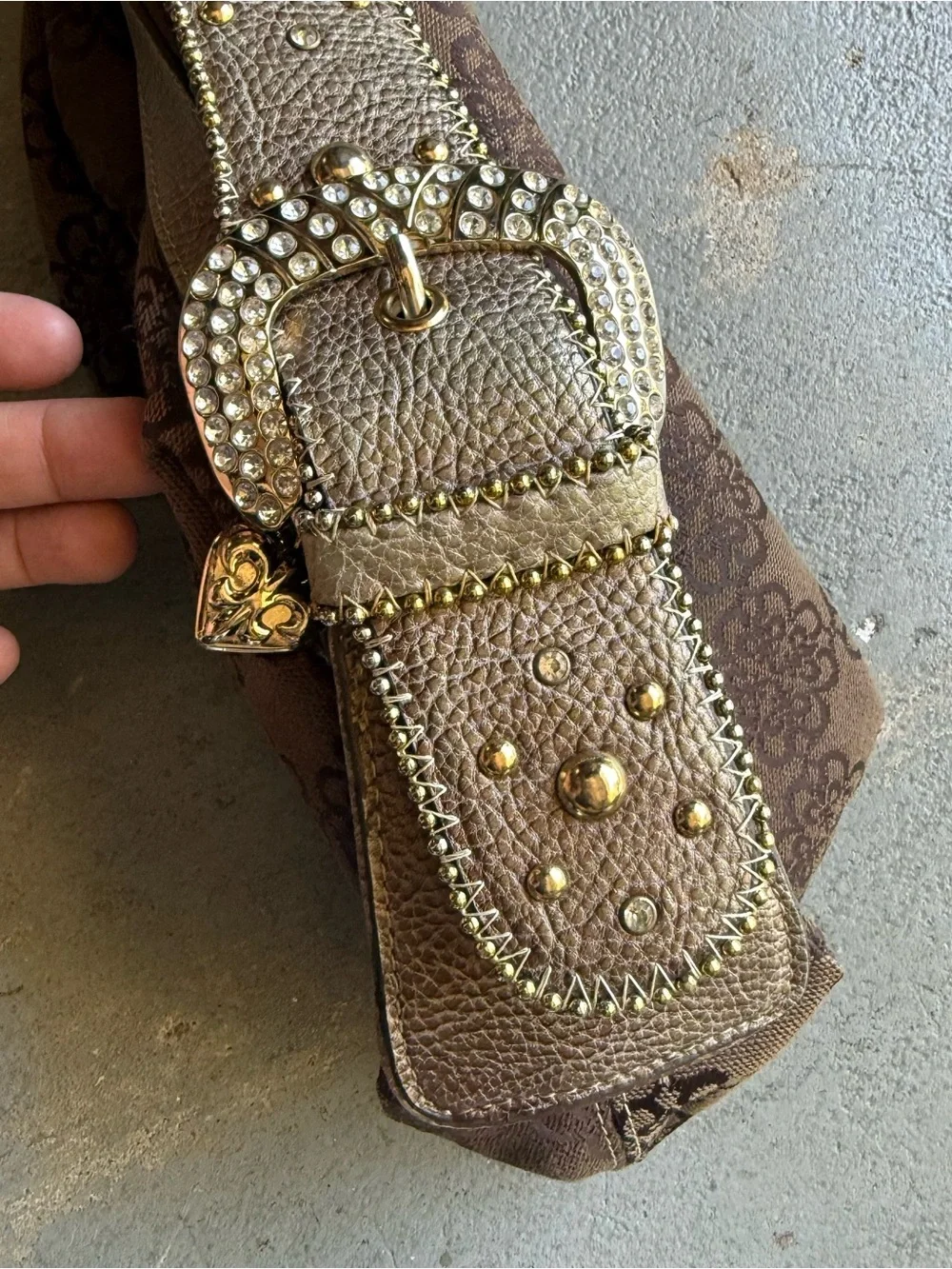 Y2K Kathy Van Zeeland Rhinestone Studded Brown Hobo Bag Western